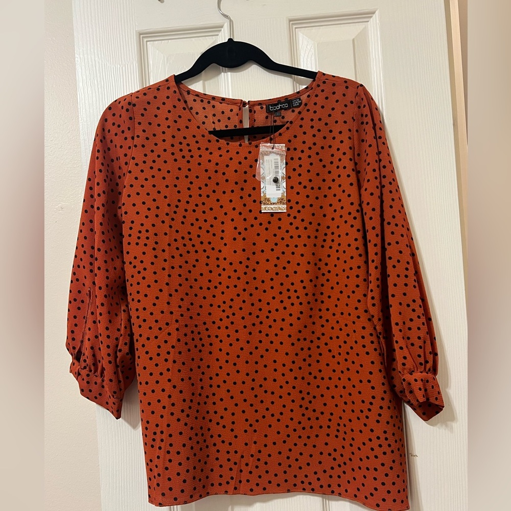 BOOHOO Red and Black polka dot blouse, Size:Large, new with tags